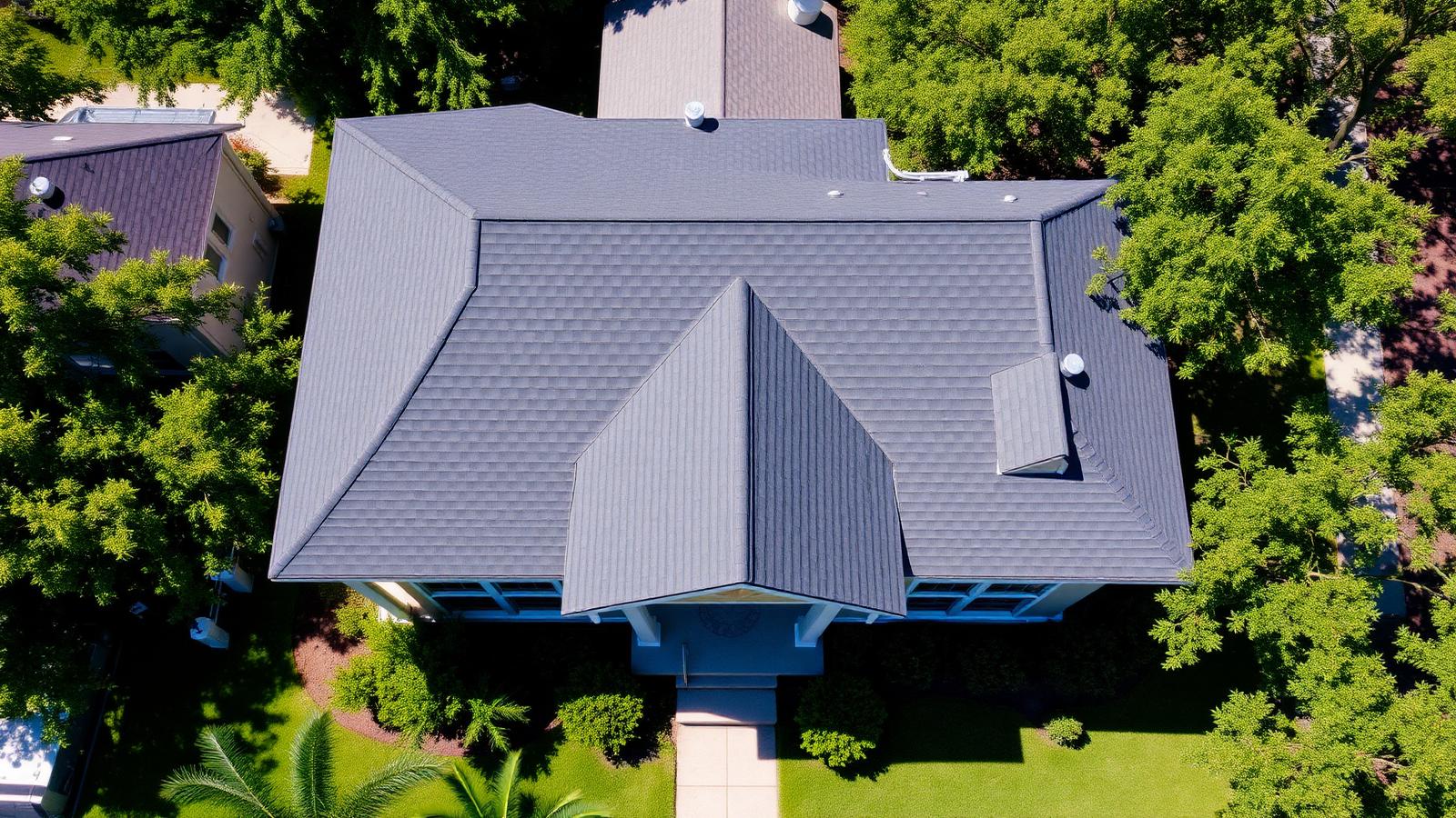 Aerial view of a New Orleans home with a freshly installed architectural shingle roof by BH Roofing NOLA