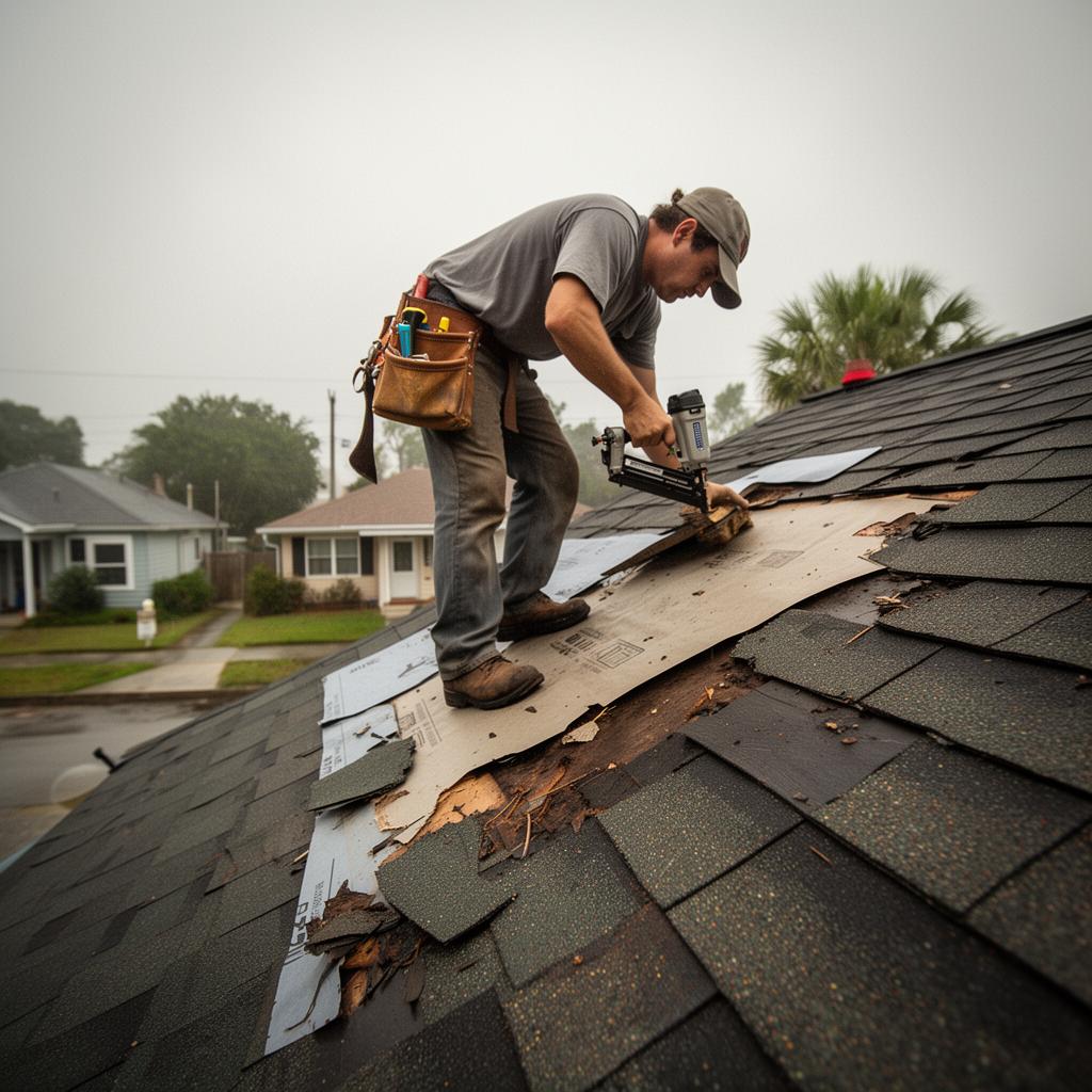 Close-up of a BH Roofing NOLA technician repairing a damaged asphalt shingle roof in New Orleans