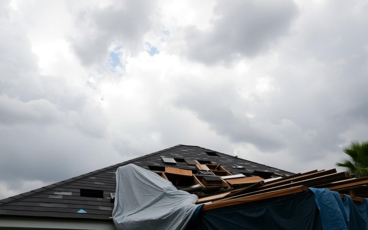 Hurricane damaged Louisiana roof with tarped section after a Gulf Coast storm
